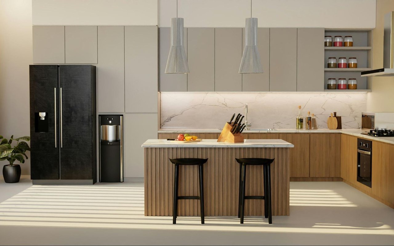  A sleek and modern kitchen with a large wooden island that has vertical slats on the front and two black bar stools tucked underneath. 