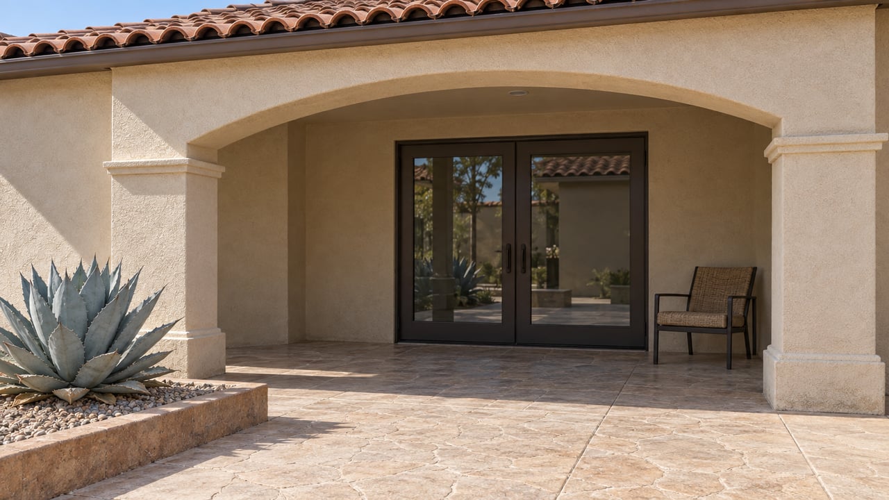 Cream stucco covered patio with terracotta roof tiles, bronze-framed glass doors and a blue-gray agave beside a sunlit terrace.