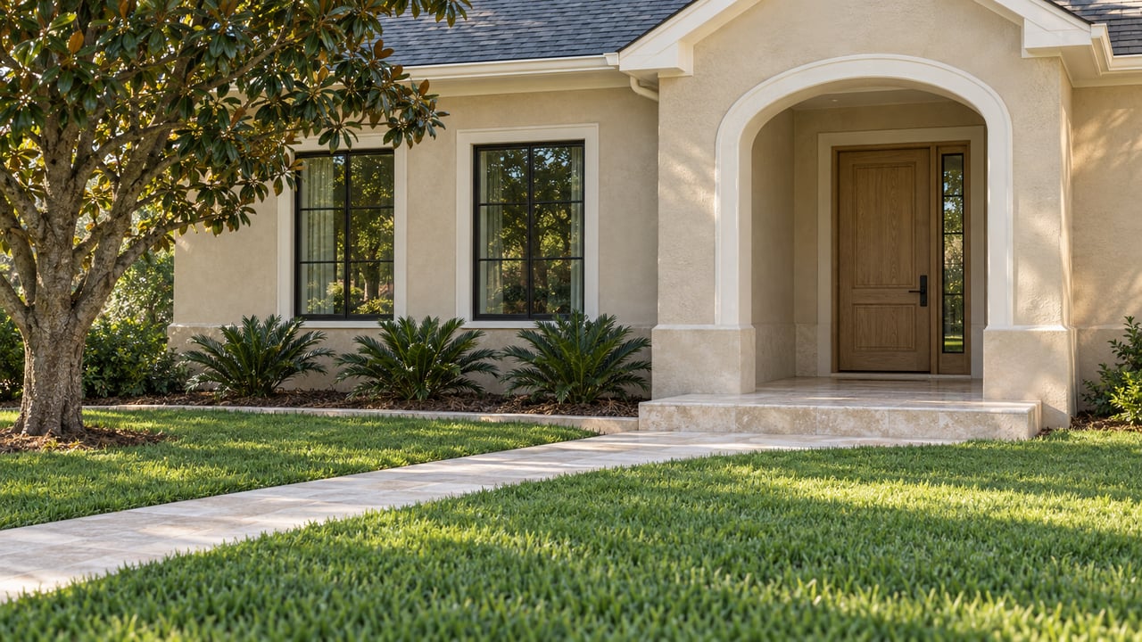Morning light on a sand-stucco home with an arched oak entrance, black-framed windows, and a deep green lawn.
