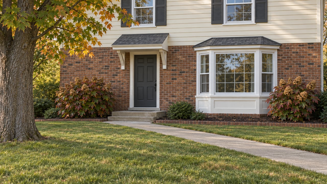 An established brick-and-cream-clapboard home with a deep lawn, concrete entry walk and autumn planting.