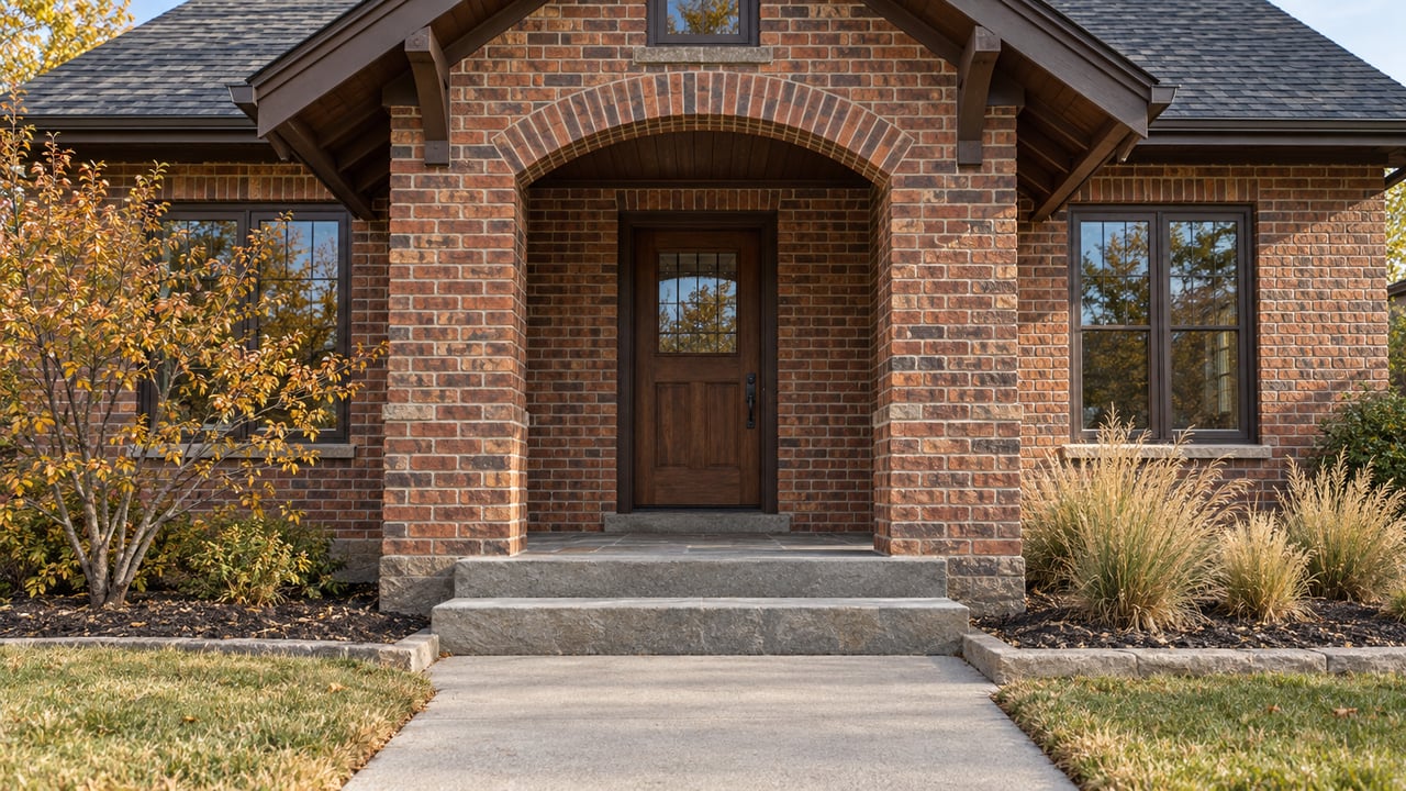 Russet brick home with an arched porch, oak entry door, sandstone steps and autumn planting.