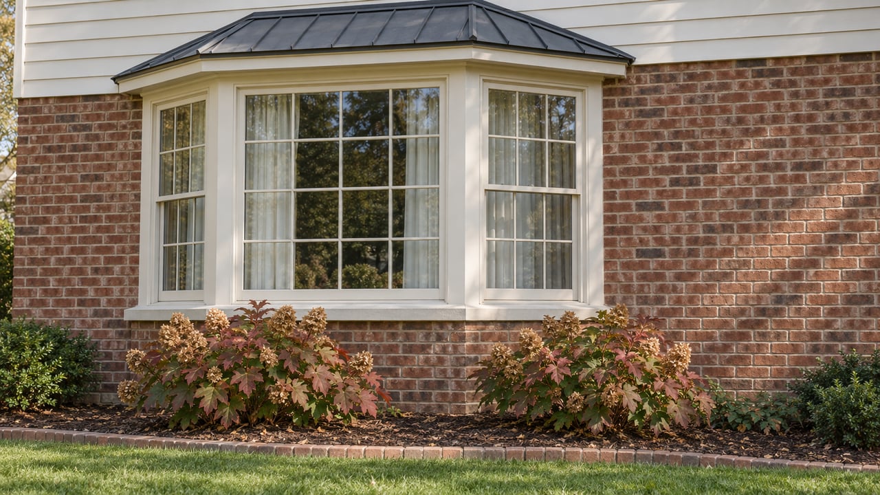 Close exterior view of a cream-trimmed bay window on a red-brick home, above oakleaf hydrangeas and a neatly edged lawn.