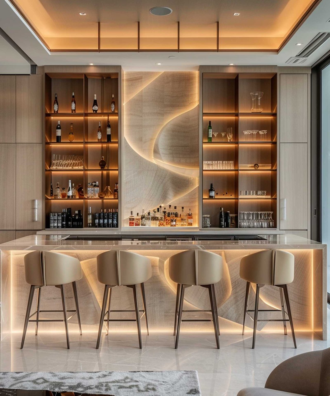 Modern home bar with illuminated bottle shelves, a sculptural stone wall, and four upholstered stools.