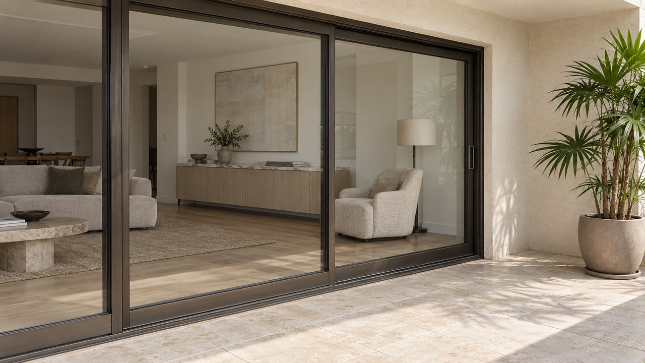 Covered condo terrace with ivory limestone paving, bronze-framed glass doors, pale oak living-room finishes and a single potted lady palm.