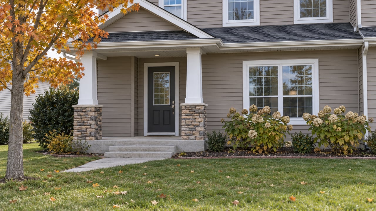 Taupe-sided two-story home with a stone-column porch, concrete approach, and amber maple leaves along the front lawn.