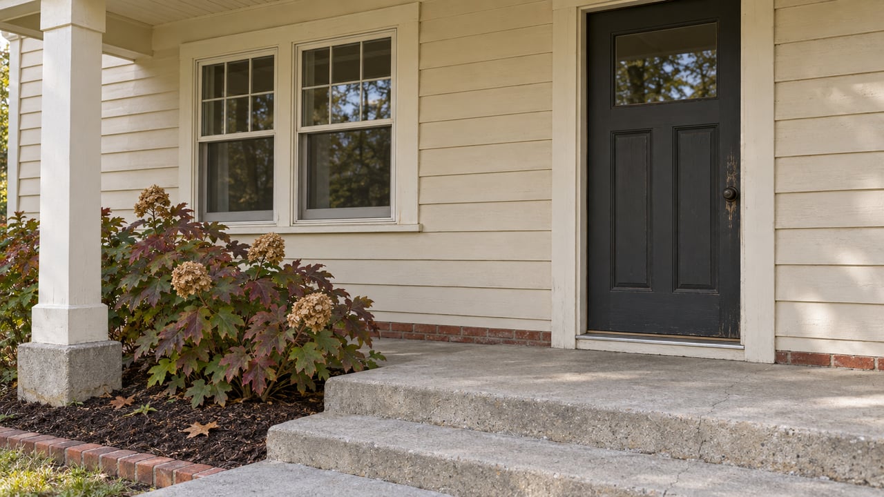 Home entrance with a dark paneled door, concrete steps, and an autumn shrub beside the porch.