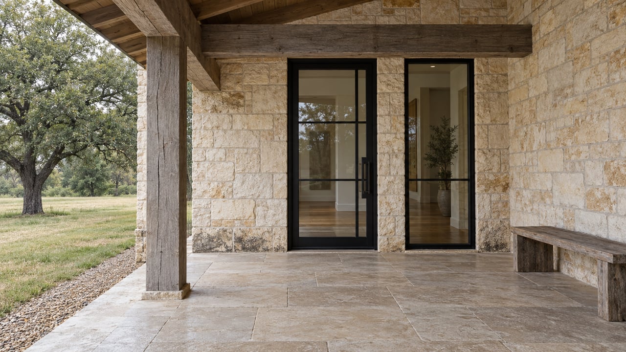 A limestone home entry beneath weathered timber porch beams, with black steel-framed glass, stone flooring and a live oak beside the lawn.