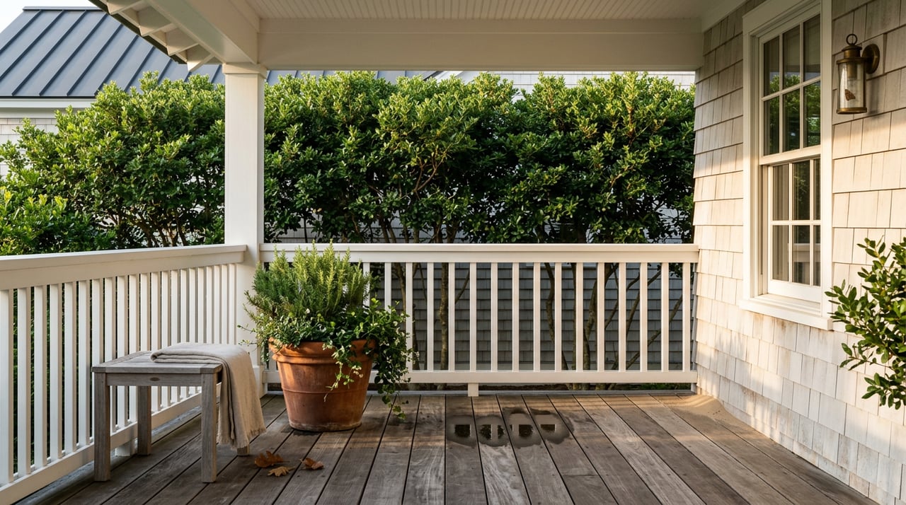 Raised porch corner with white railing, cedar shingles, teak table, potted rosemary, and sunlit decking.