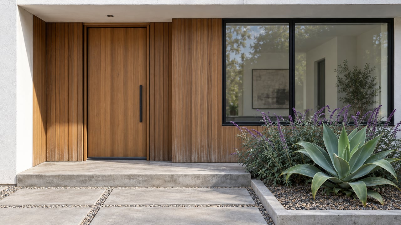 Modern recessed cedar entry beside a black-framed window, with concrete paving and a small agave and purple sage planting bed.