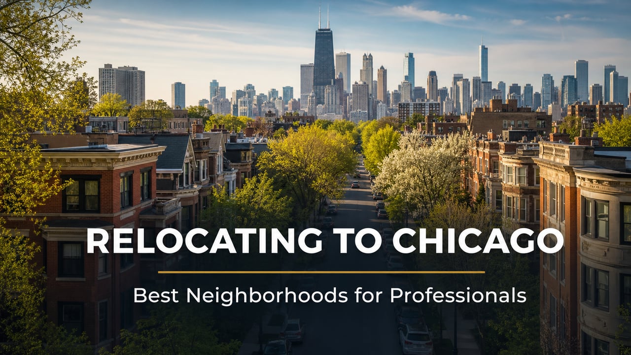 hicago North Side neighborhood street with skyline in background in spring