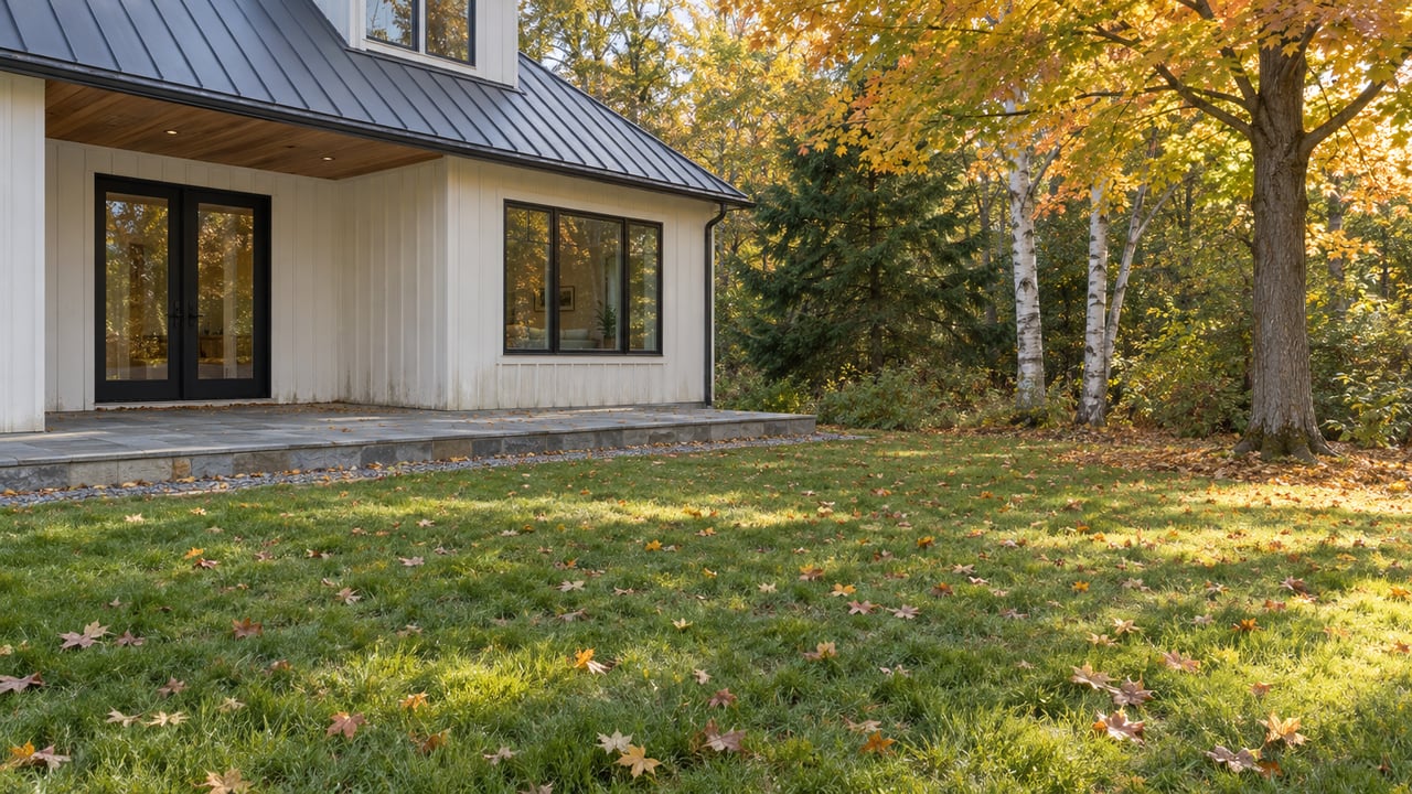 Off-white house with glazed rear doors beside a leaf-strewn lawn and mature autumn trees.