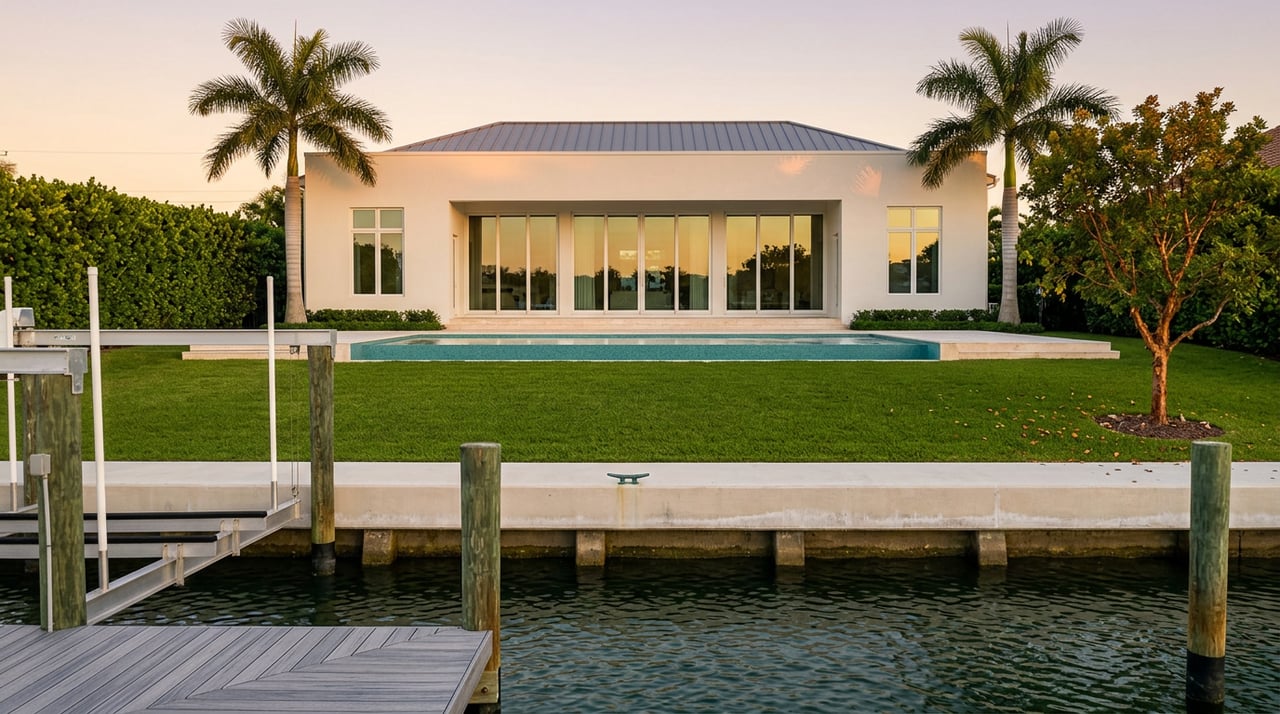 Waterfront estate across a canal, with a long lawn, turquoise pool, seawall, and royal palms.