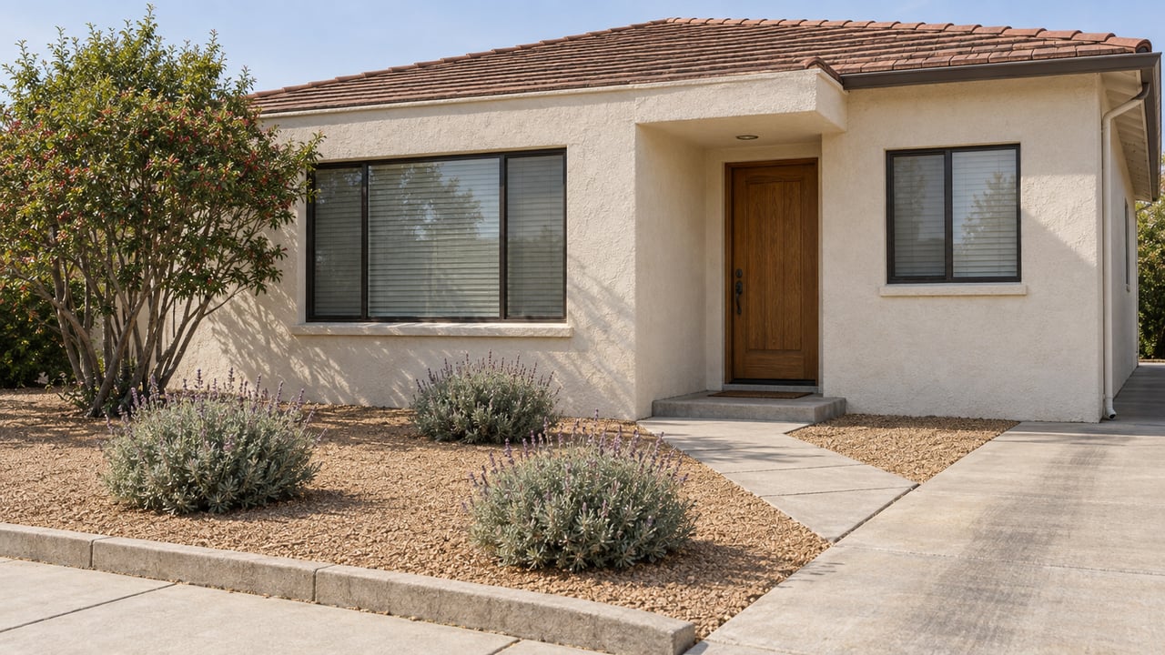 Single-story stucco house with terracotta-colored roof, recessed oak door, and pruned shrubs in a broad front setback.