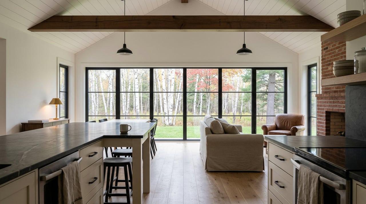 Lake cottage kitchen and living room with a vaulted timber ceiling, brick fireplace, and birch trees beyond broad windows.