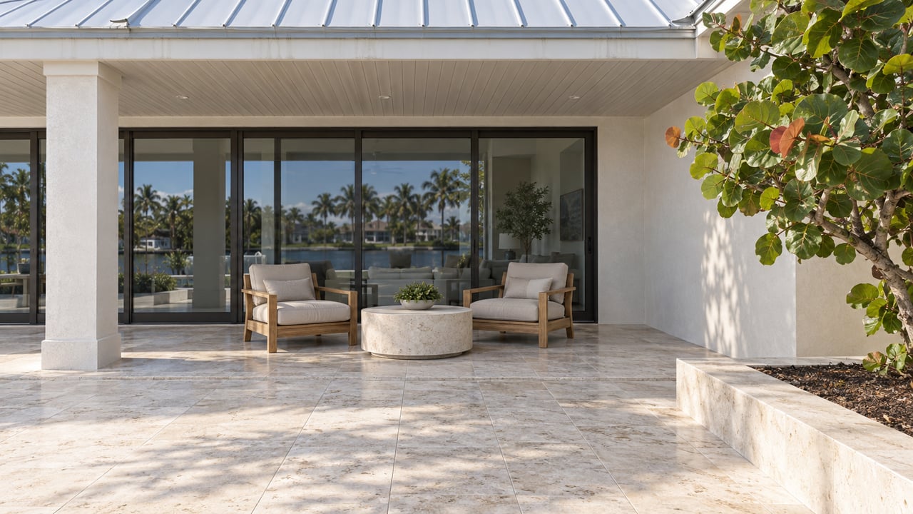 Sunlit travertine terrace and covered lanai with teak chairs, bronze-framed glass doors, and a sculptural sea grape tree.