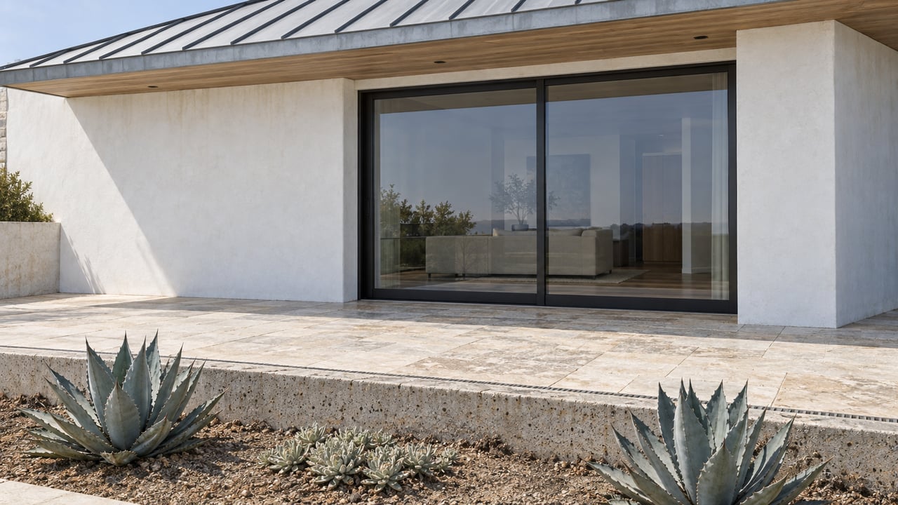 White stucco coastal home with a zinc roof, glass doors, limestone terrace, and agaves below a concrete curb.