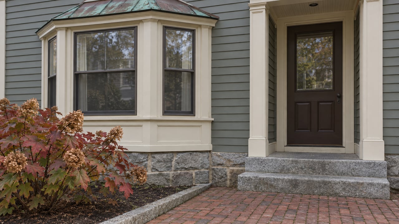 Gray-green clapboard home with a three-sided bay window, brown entry door, granite steps and autumn oakleaf hydrangea.
