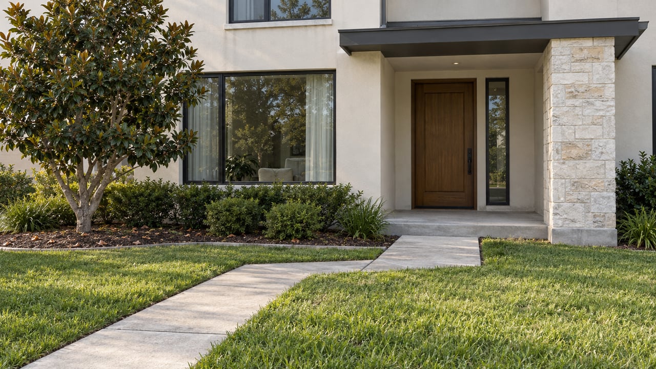 Contemporary stucco home's recessed entry and black-framed windows beyond a concrete walk and deep lawn, with a single magnolia beside the porch.
