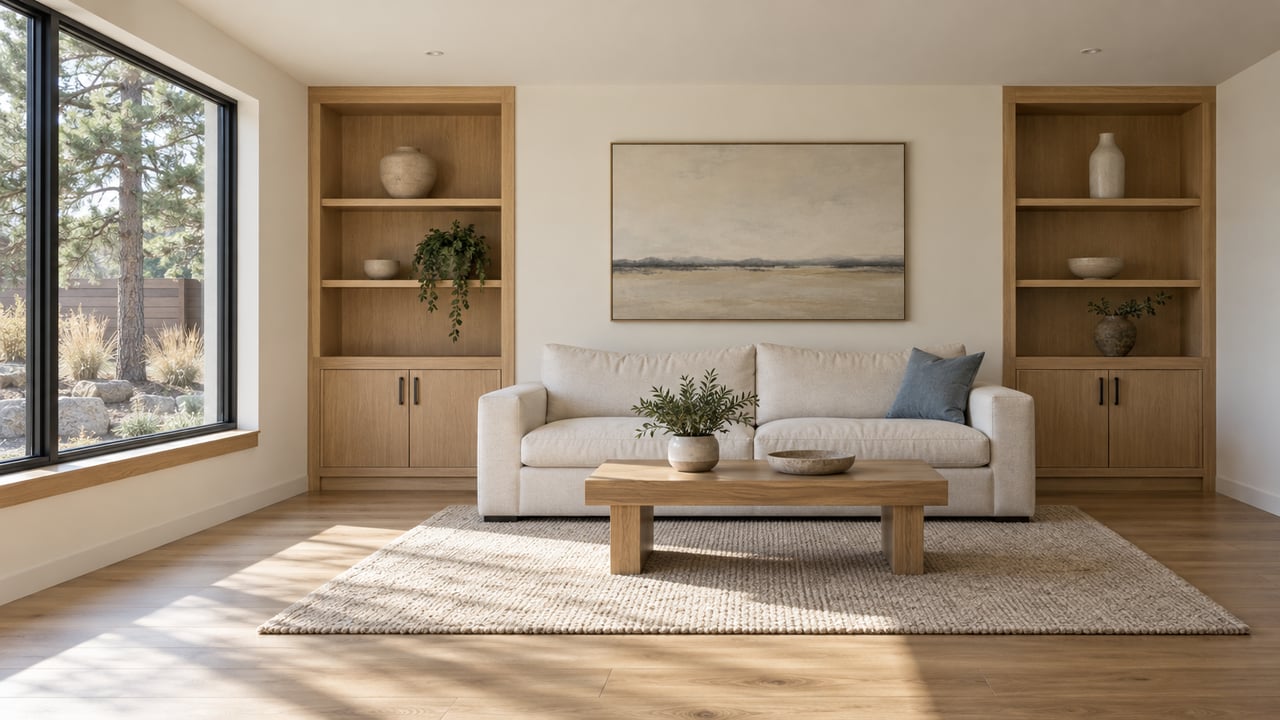 Sunlit living room with an ivory sofa, pale oak built-ins and a broad closed window overlooking a pine and stone garden.