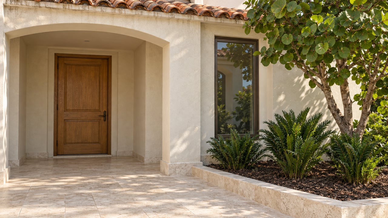 Sunlit cream-stucco entry with a recessed oak door, bronze-framed window, travertine terrace and sculptural sea-grape planting.