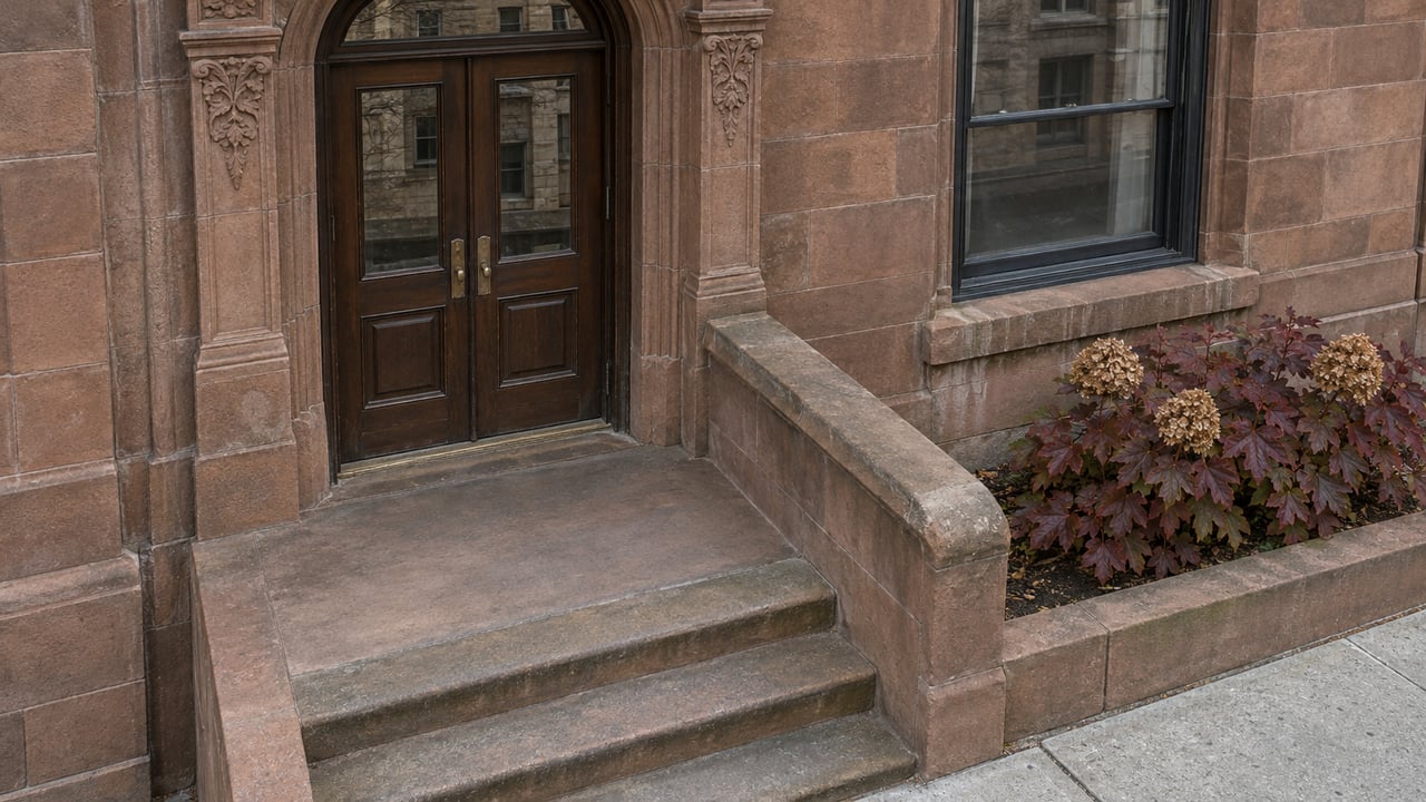Weathered sandstone townhouse entrance with paired walnut doors, worn stone steps and burgundy oakleaf hydrangea beside a tall window.