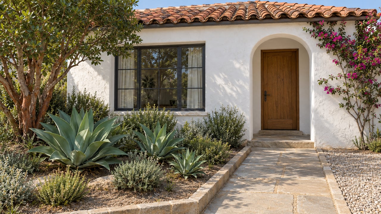 Sunlit white stucco cottage with red clay roof tiles, an arched wooden entry, and a sandstone approach beside sculptural succulents.