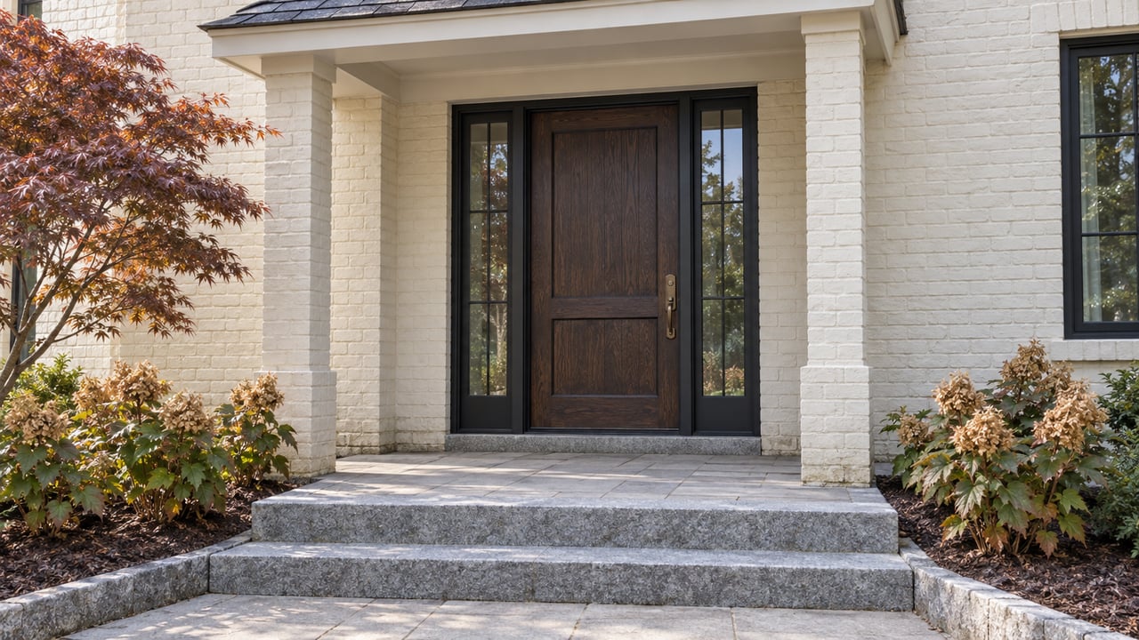 Home entrance with a dark wood door, white brick porch, stone steps, and landscaped shrubs.