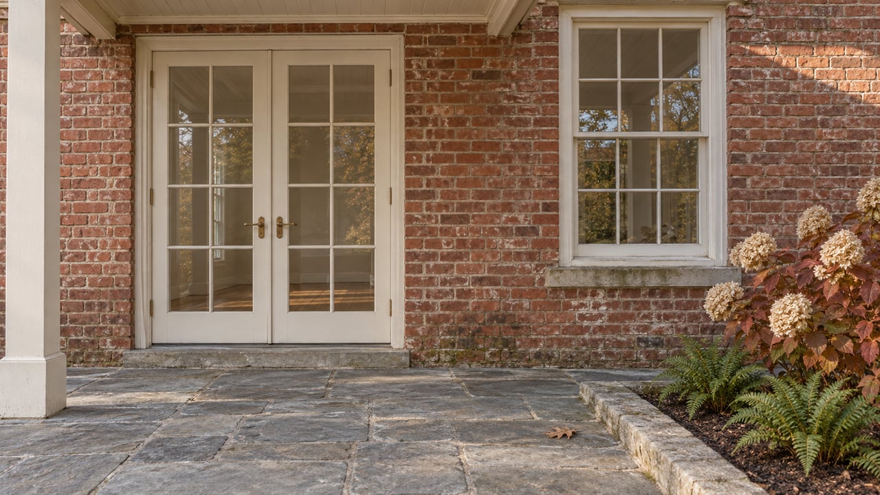 Brick home's garden threshold with cream French doors, weathered flagstone paving and autumn oakleaf hydrangea beside a raised stone border.