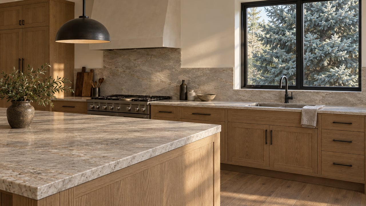 Afternoon light crosses a honed stone kitchen island and oak cabinetry beneath a black metal pendant.