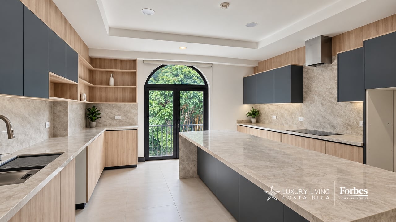 Modern penthouse kitchen with a large stone island, wood cabinetry, and an arched glass door to greenery.
