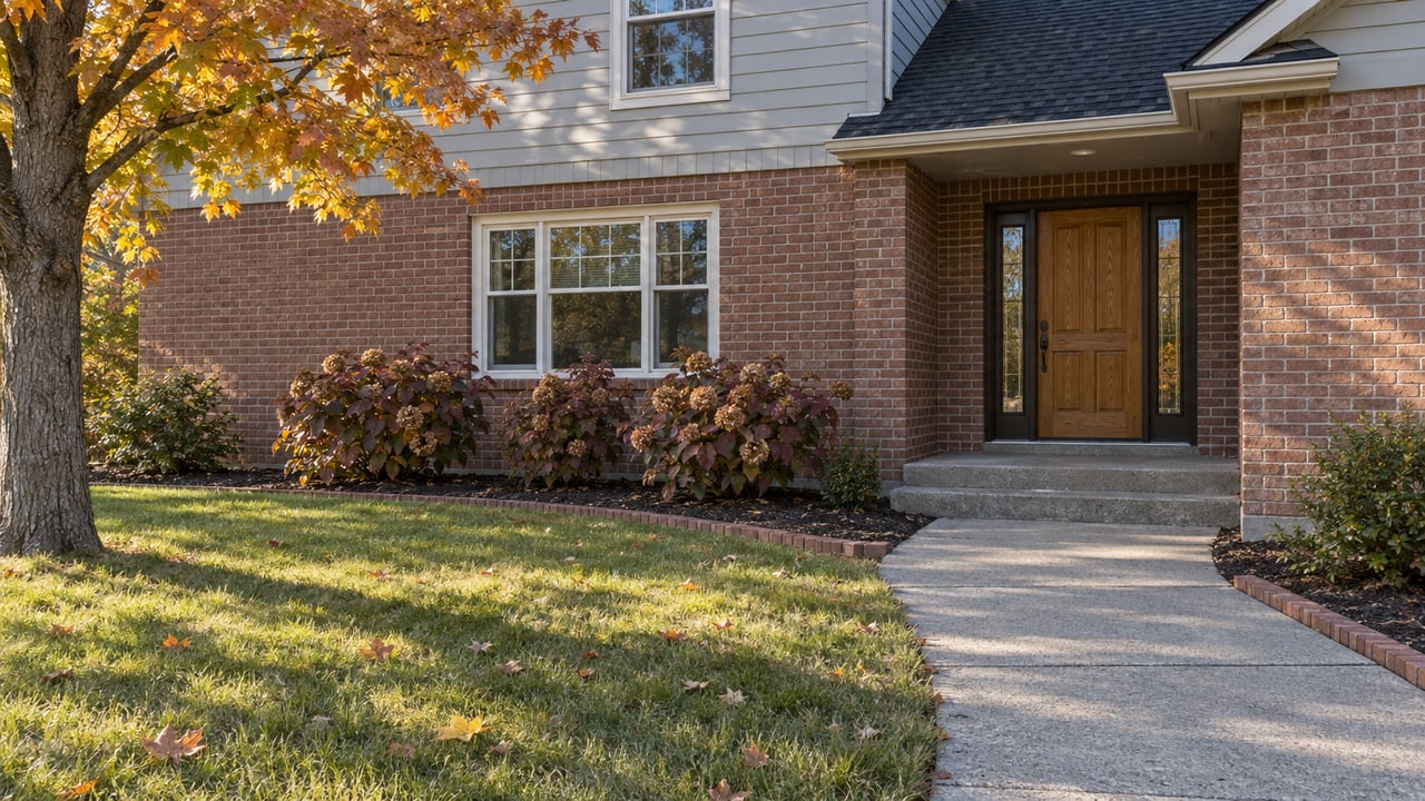 Autumn morning light on a brick-and-gray-sided home, with an oak front door, concrete approach, broad lawn and burgundy oakleaf hydrangeas.