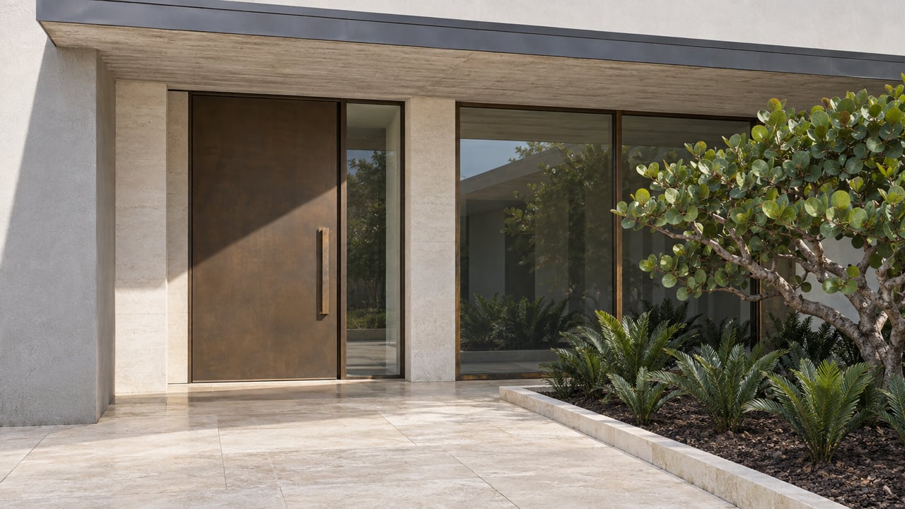 Contemporary home entrance with a bronze pivot door, pale limestone paving, full-height glass and a sculptural sea grape specimen.