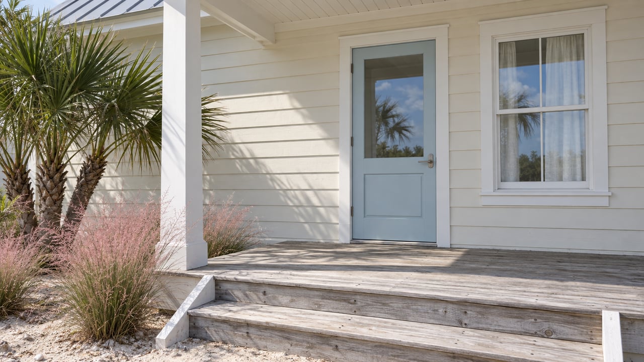 Sunlit cottage porch with cream timber siding, a pale blue glazed door, silvered decking and pink flowering grasses beside sandy steps.