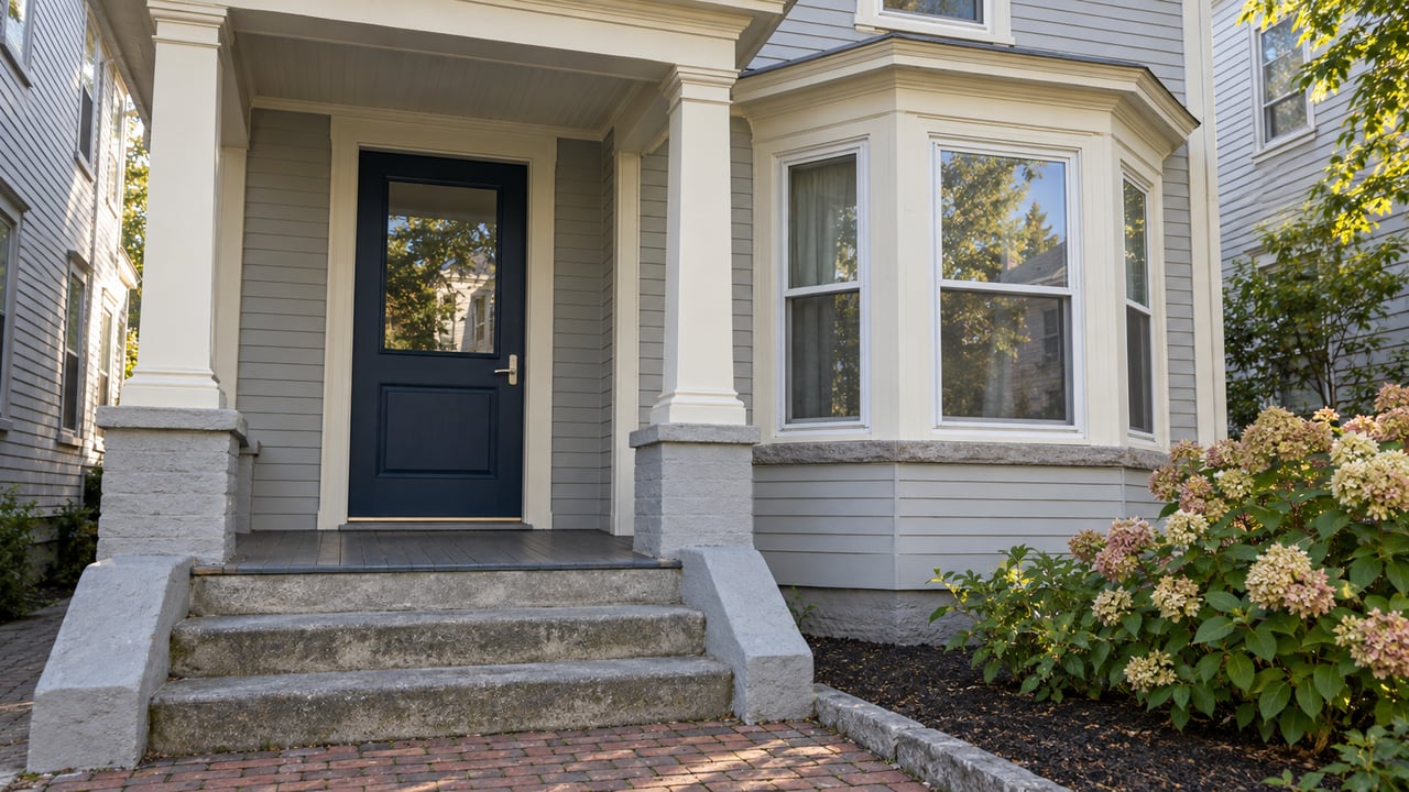 Gray house with a covered porch, dark blue front door, bay window, and stone steps.