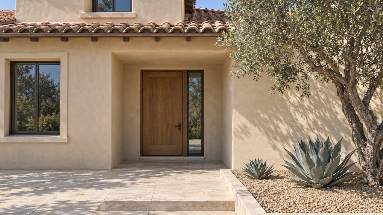 Stucco home entrance with a recessed wooden door, tiled roof, stone porch, and agave plants.