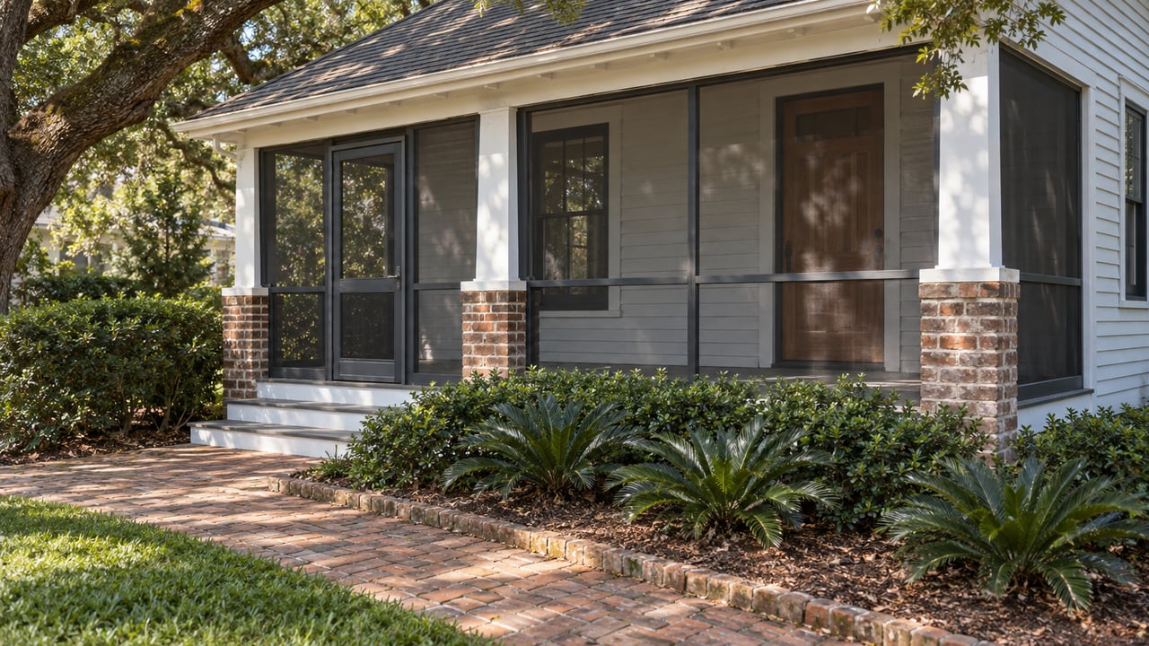 White clapboard bungalow with screened porch beneath a mature oak, bordered by brick paving and low greenery.