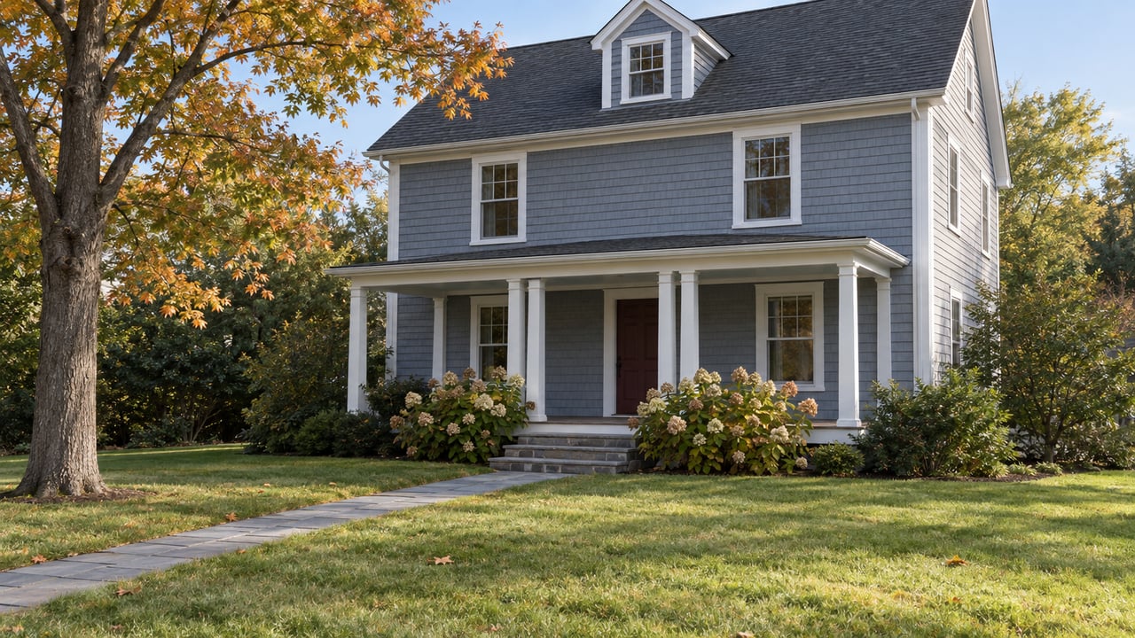Blue-gray two-story clapboard house with a white-trimmed porch, deep lawn, bluestone path, and amber-leaved tree.