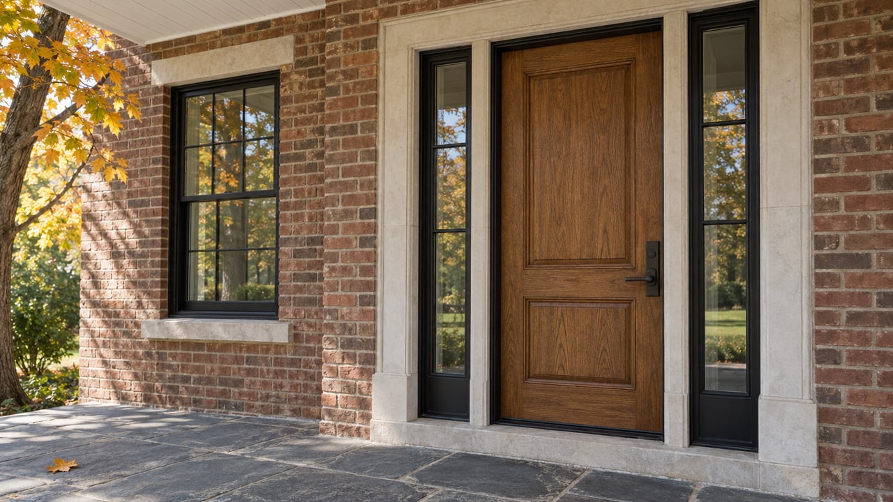 Oak front door with paired glazed sidelights set in weathered red-brown brick, above a bluestone porch with autumn maple leaves.