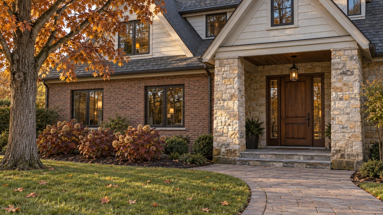 Late-autumn sunlight on a limestone and brick house entry with dark windows, a curved paver walk and copper-colored maple leaves.