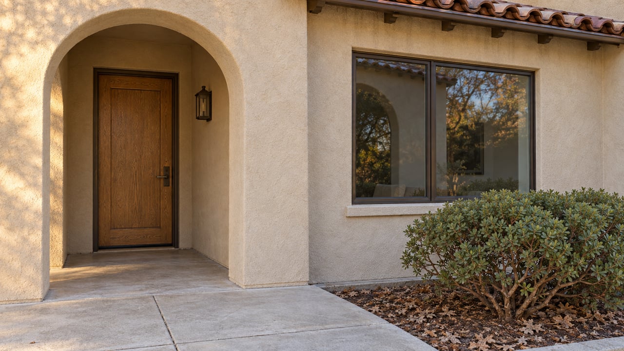 Warm stucco home entrance with a recessed arch, oak front door, bronze-framed window and cinnamon-stemmed manzanita beside a concrete approach.