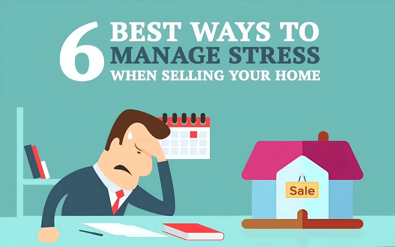 A stressed home seller sits beside a house marked “Sale,” beneath a headline about managing selling stress.