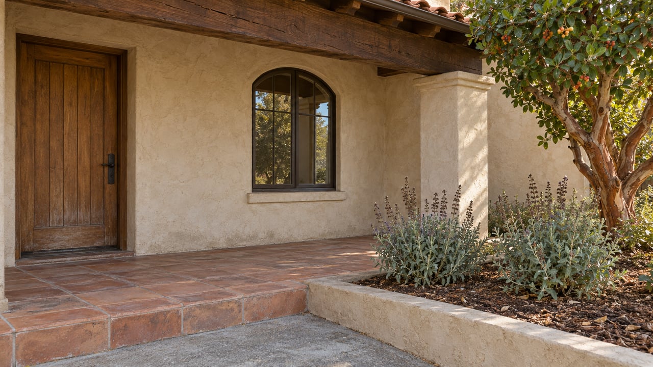 Sunlit stucco home entry with an aged oak door, arched window and terracotta terrace beside a planted bed.
