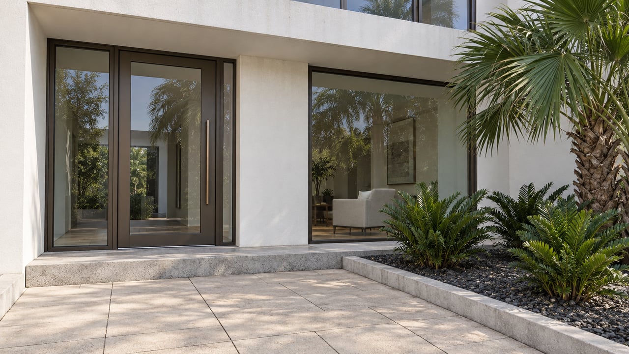 White contemporary residential entrance with bronze-framed glass, sand-colored pavers, and a small palm and coontie planting bed.