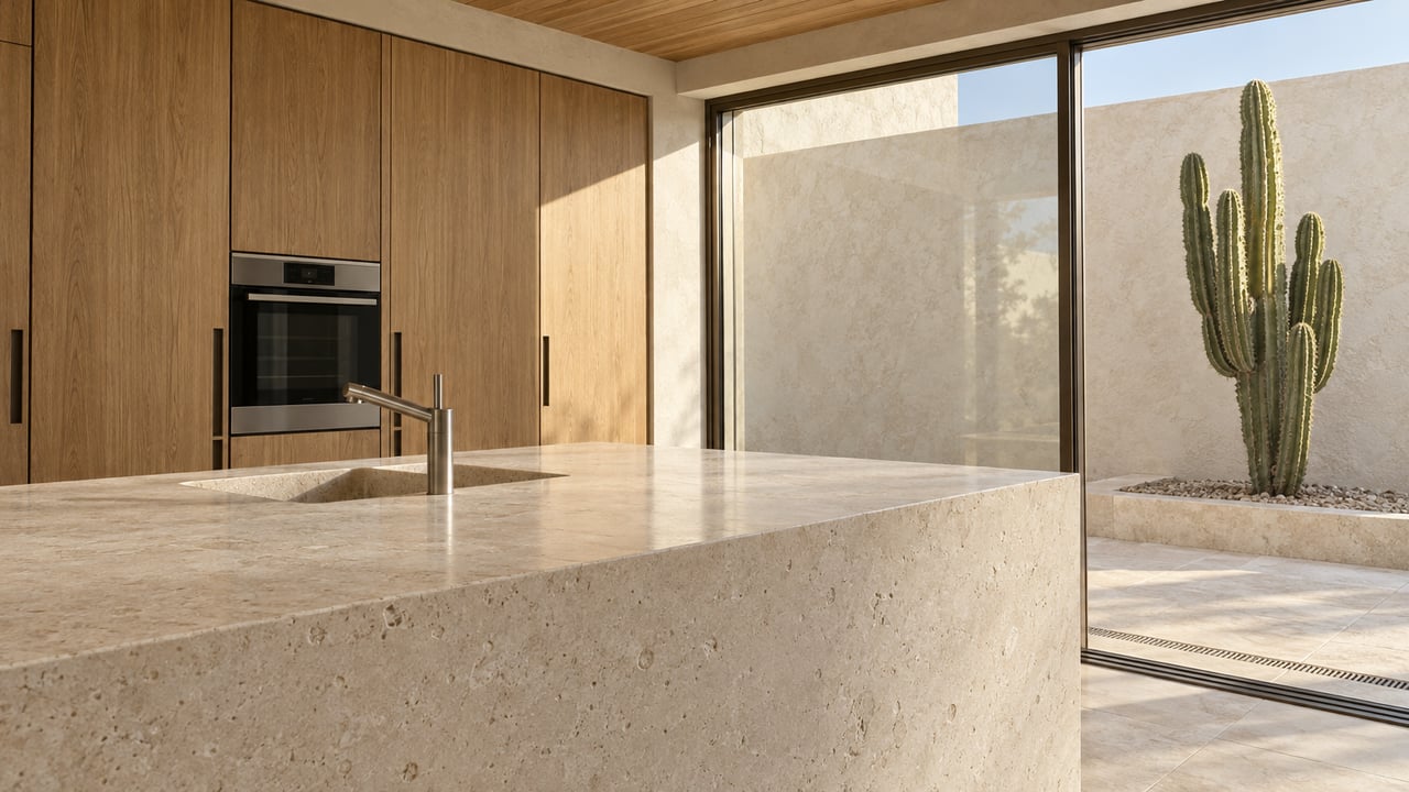 Sunlit limestone kitchen island and oak cabinetry beneath a timber ceiling, beside bronze-framed glazing overlooking a sculptural cactus.