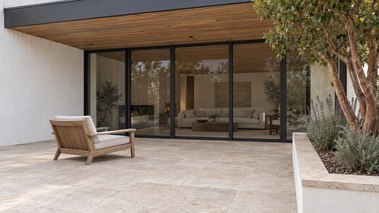 A covered limestone terrace with a teak lounge chair, wood soffit, white plaster walls and closed glazing beside a raised strawberry-tree planting bed.