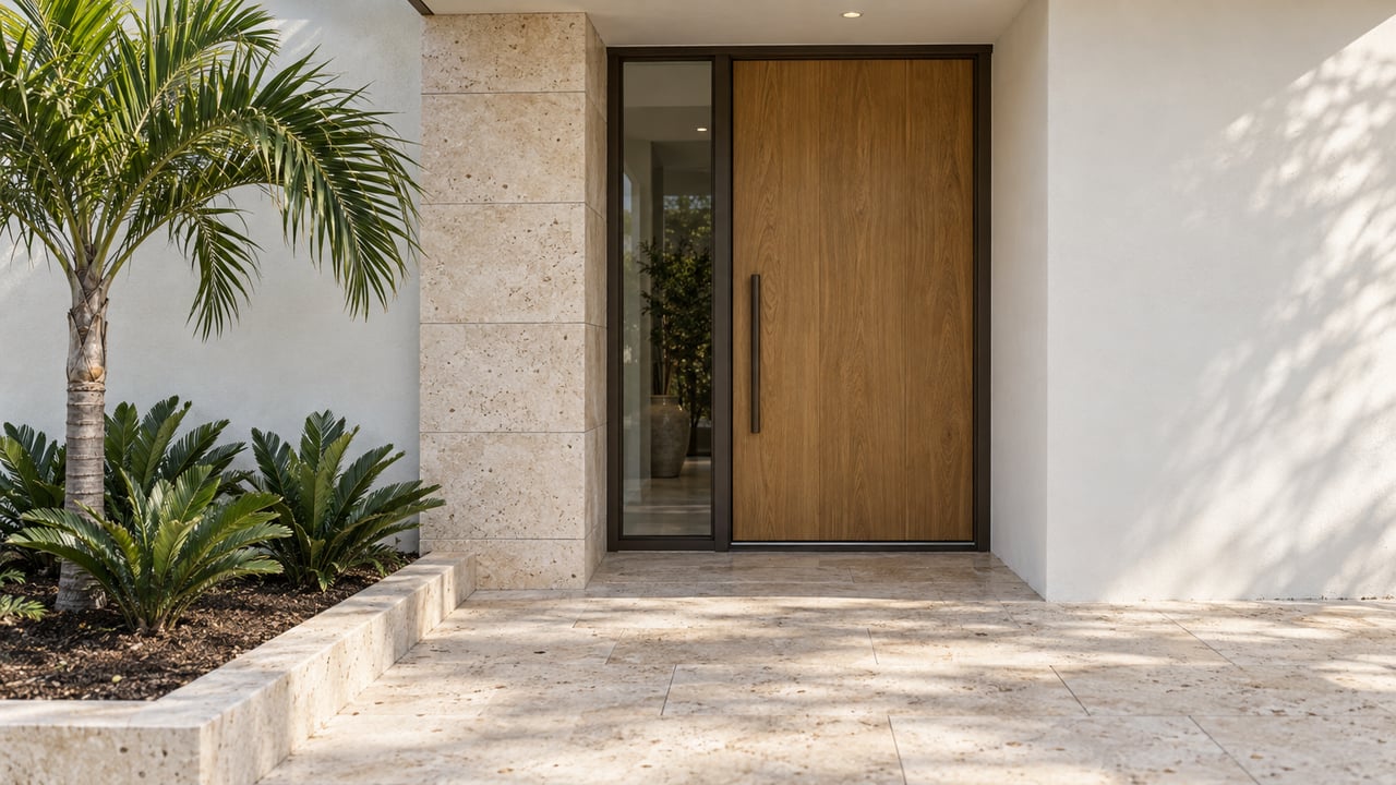 Recessed oak entry door with bronze sidelight, coral limestone surround, and tropical plants beside a limestone landing.