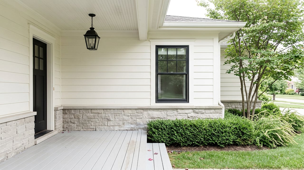 Covered porch with a divided-lite window, black lantern, stone foundation, clipped hedge, and lawn.