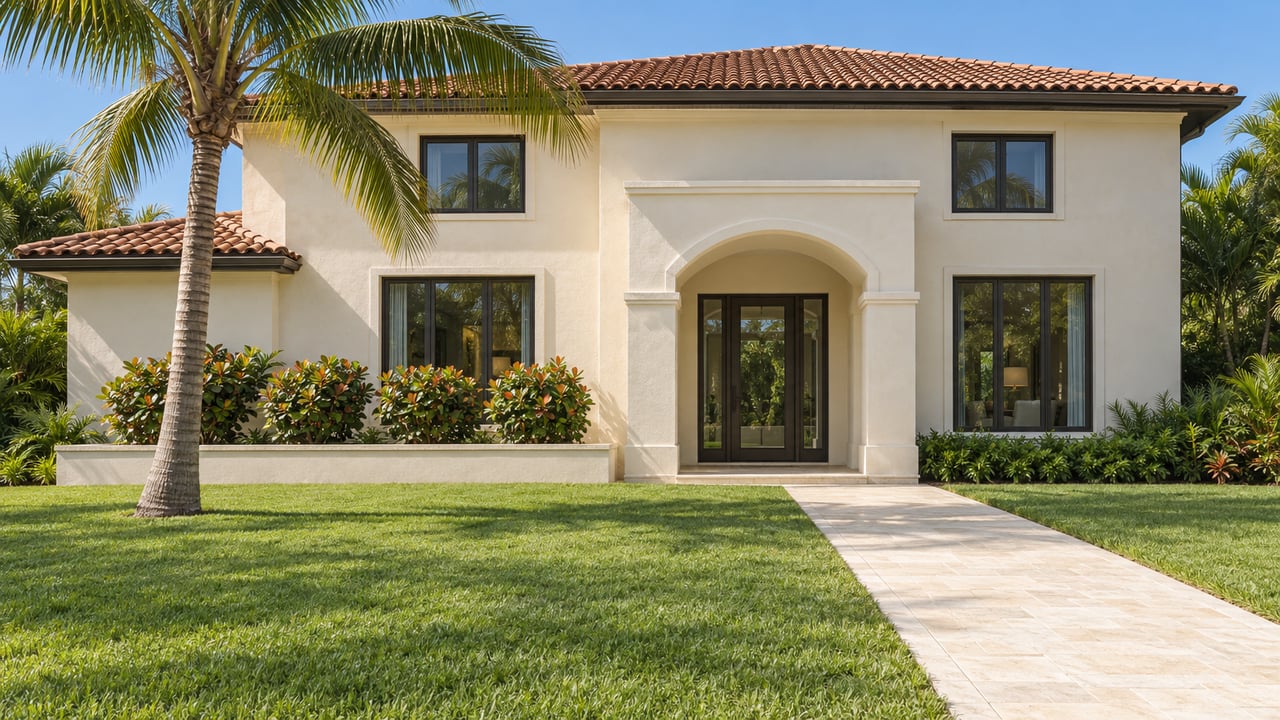 Cream-stucco home with a terracotta roof, bronze-framed windows, limestone approach, broad lawn, and a curved coconut palm in late-morning light.