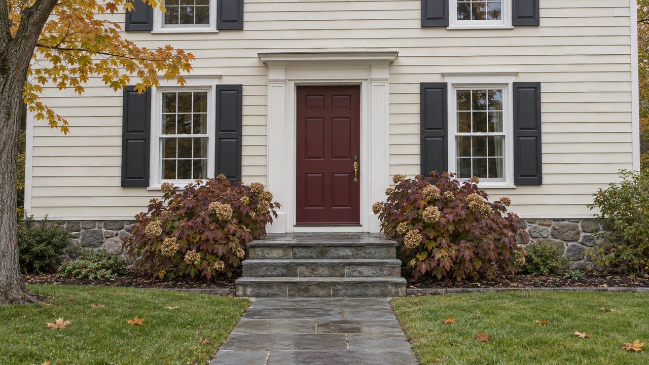 Ivory-sided home with dark shutters, a muted red front door, worn stone steps and autumn maple leaves.