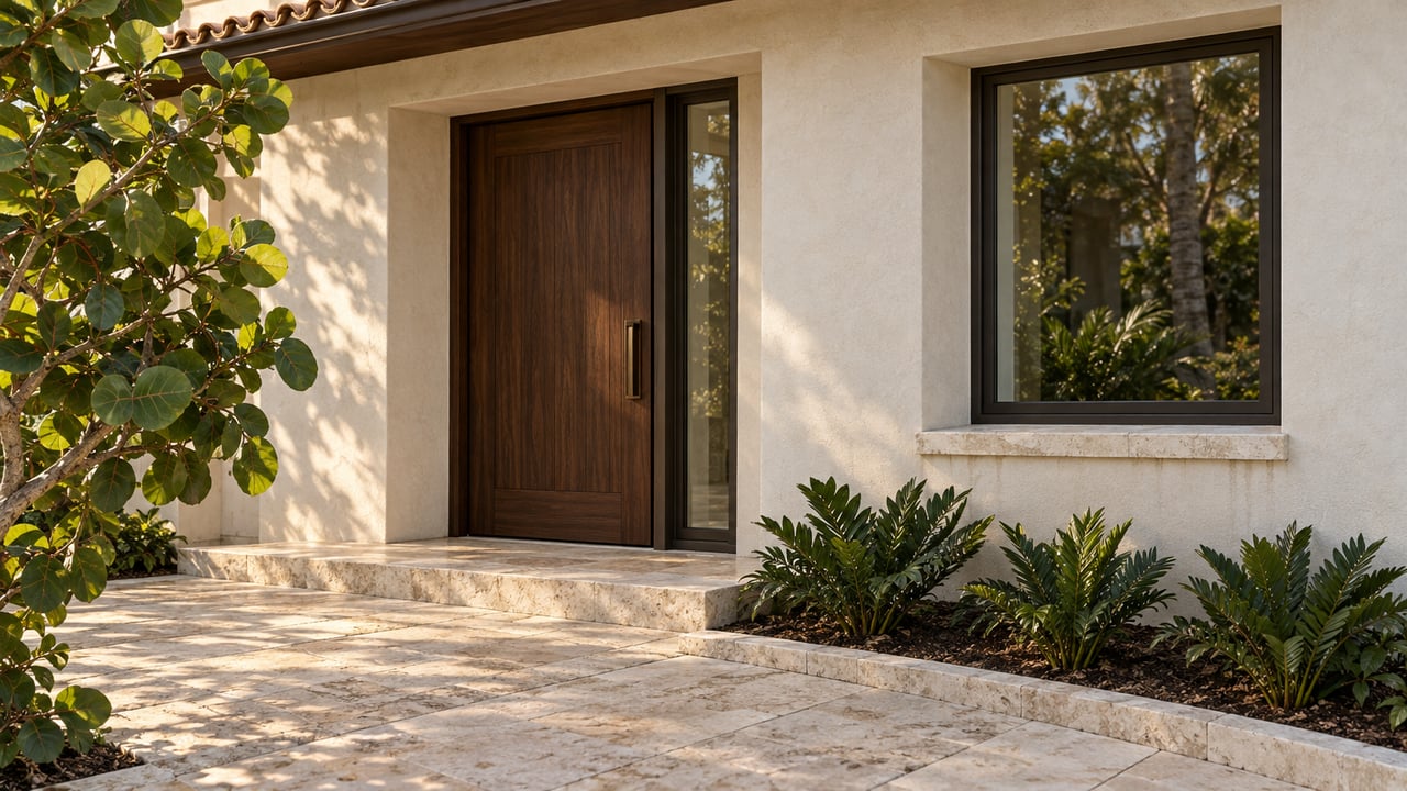Recessed walnut entrance door with a narrow sidelight, limestone steps, and tropical plants beside cream stucco.